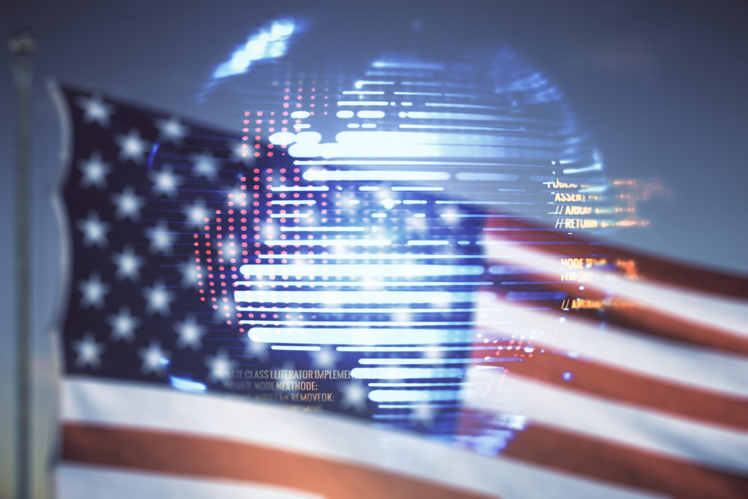 Double exposure of abstract illustration and world map on US flag and blue sky background.